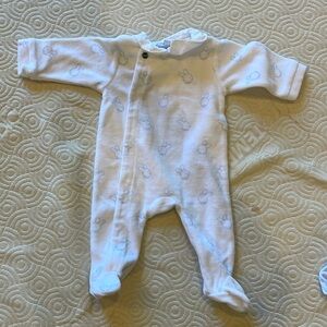 Jacadi 0M white footie with blue bunny pattern